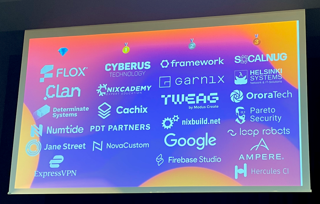a slide with a list of NixCon sponsors