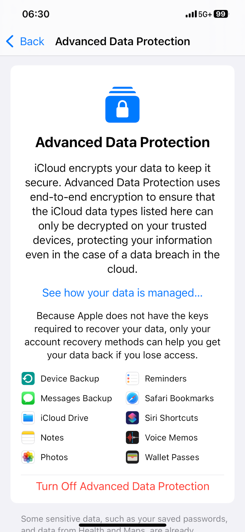 Advanced Data Protection configuration screen