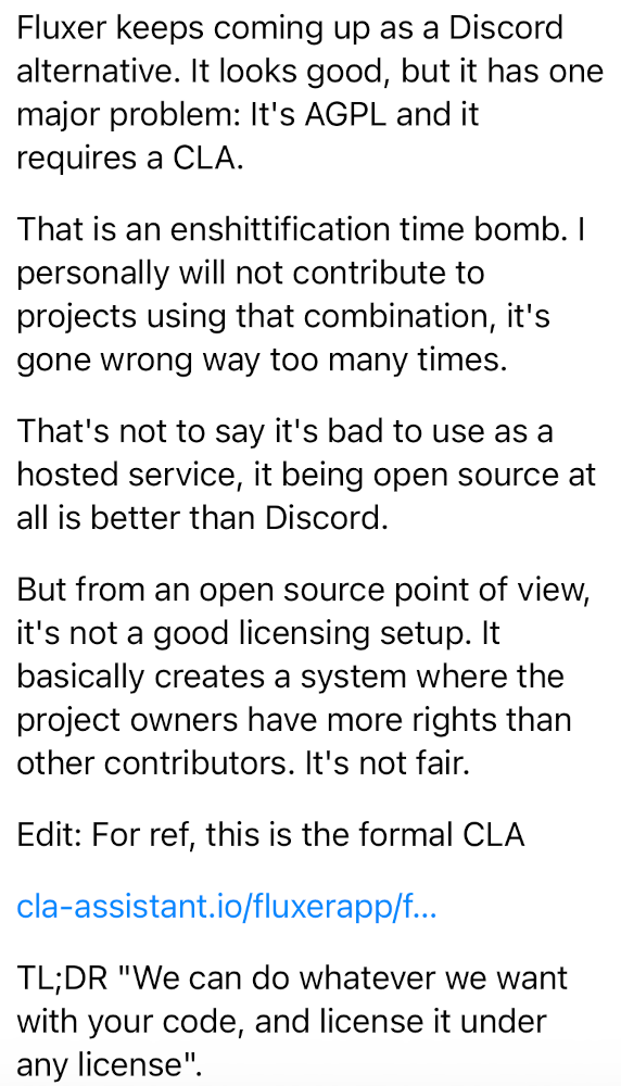 A post claiming that Fluxer’s use of the AGPL and requiring a CLA is an “enshittification time bomb”