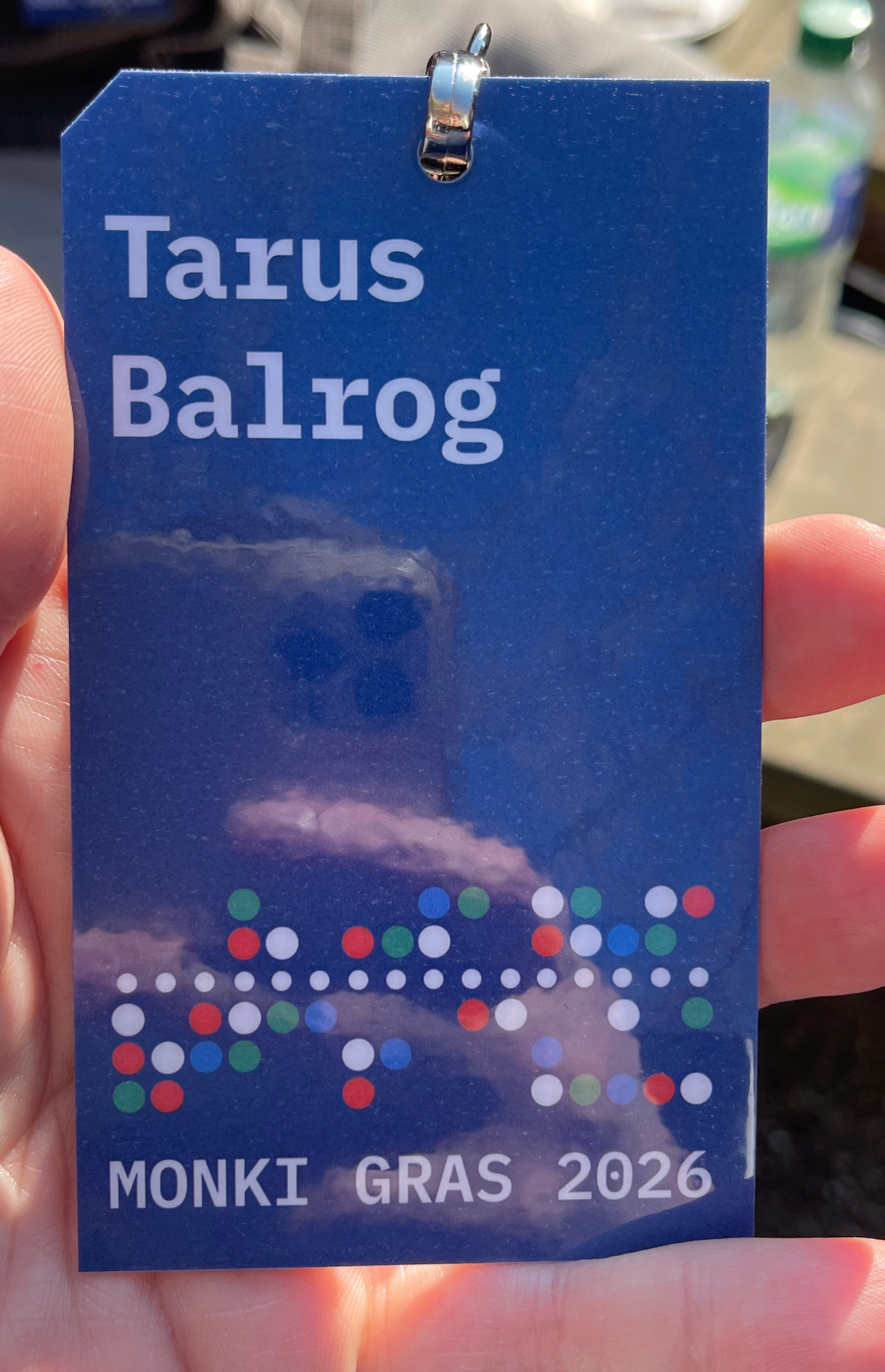 A badge with the name Tarus Balrog