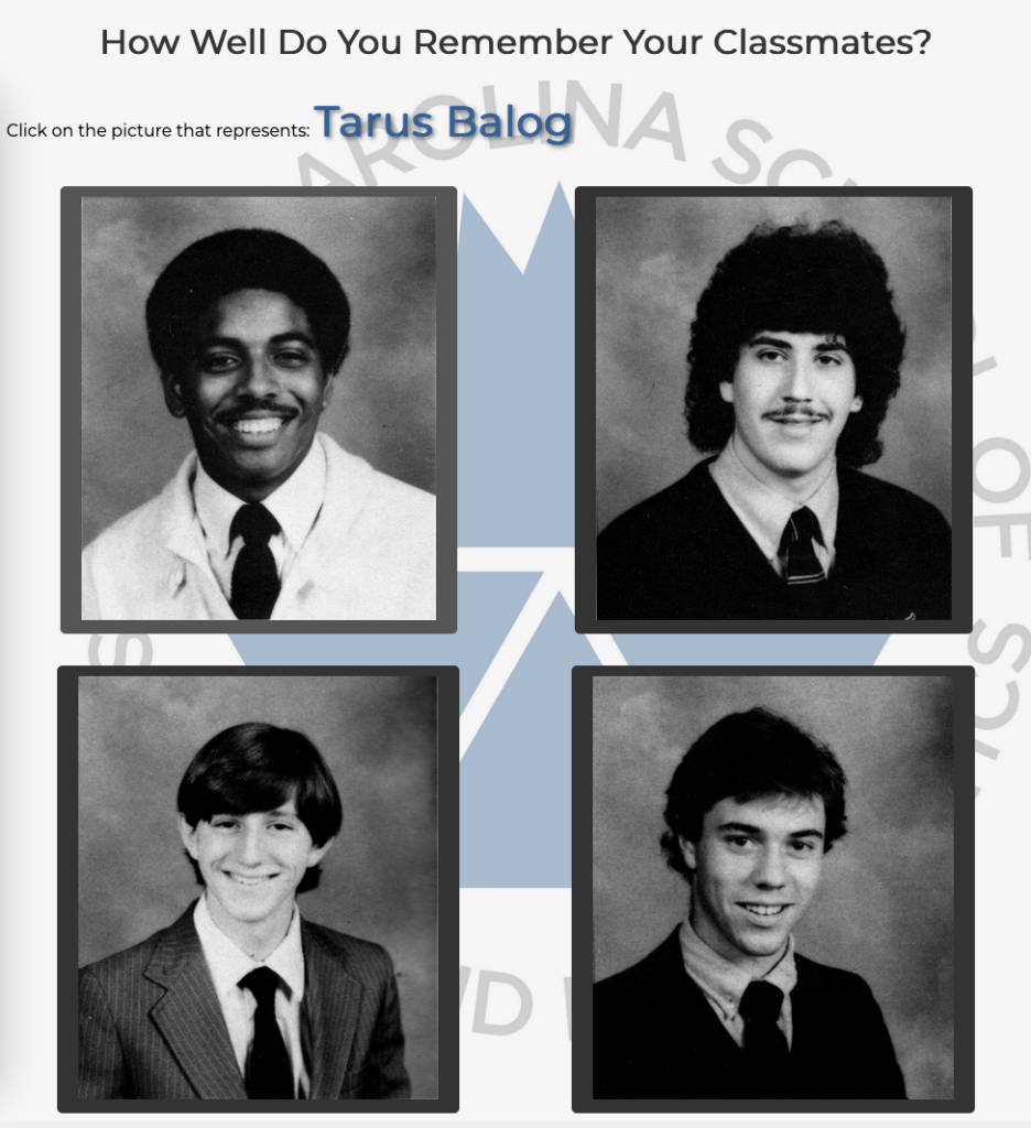 A screenshot of the Yearbook Game showing my name and four choices. I'm the upper right picture when I had a huge "Greg Brady" perm